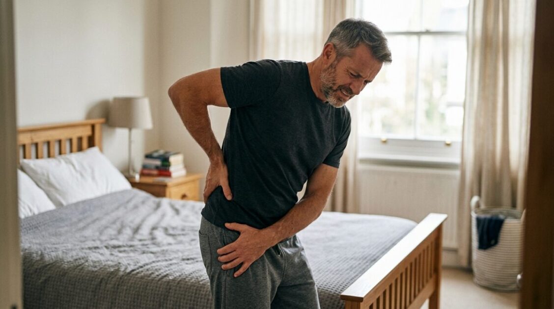 Hombre sintiendo punzadas y dolor del nervio ciático con síntomas irradiados hacia la pierna.