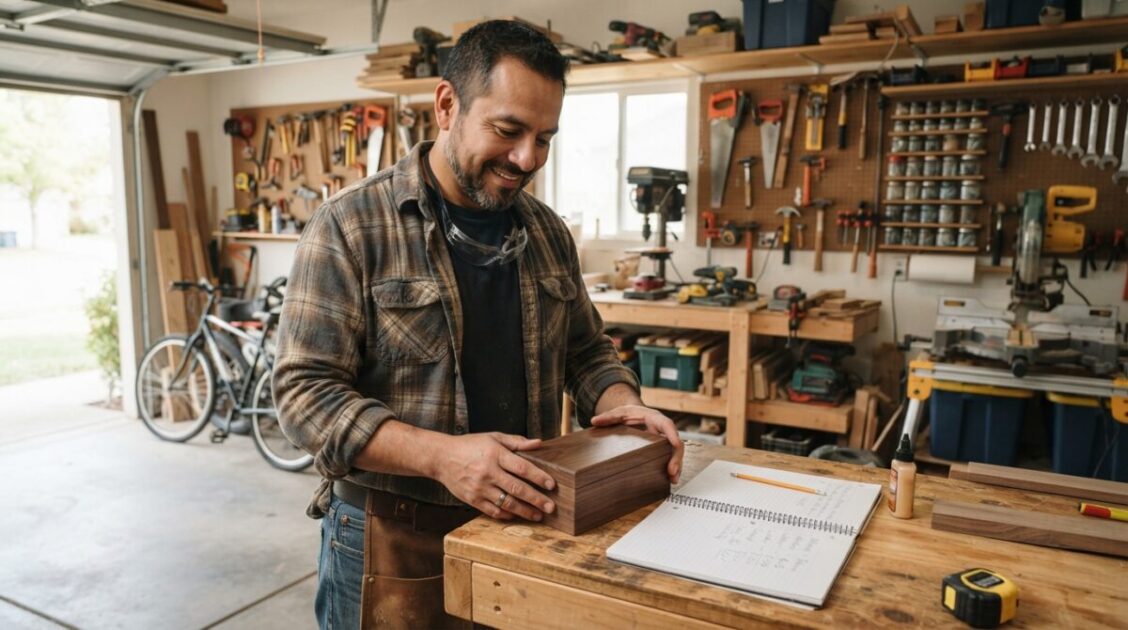 Hombre trabajando en un proyecto de bricolaje en su taller doméstico