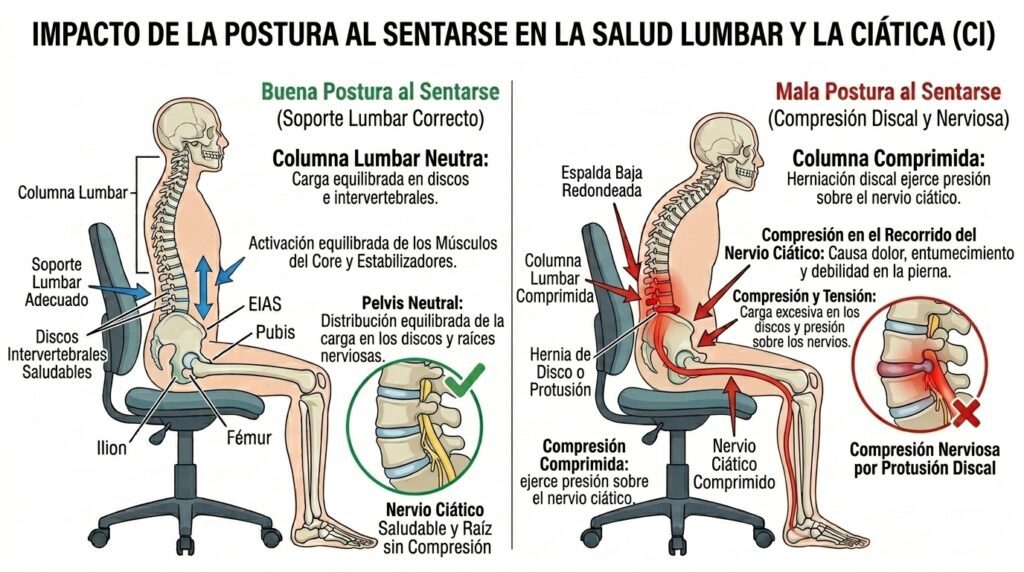 Inclinación pélvica y disfunción sacroilíaca producidas por una mala postura al estar sentado.