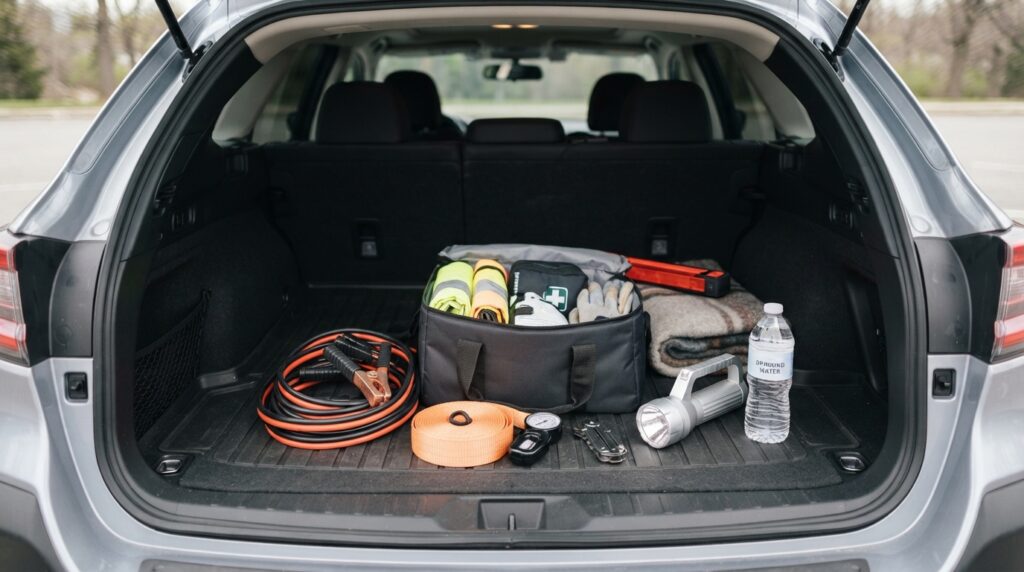 Kit de emergencia para el auto con cables pasacorriente, linterna y agua en la cajuela