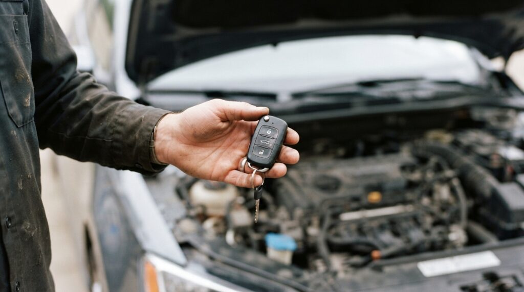 Mano sosteniendo llaves de auto junto al motor con el capó abierto