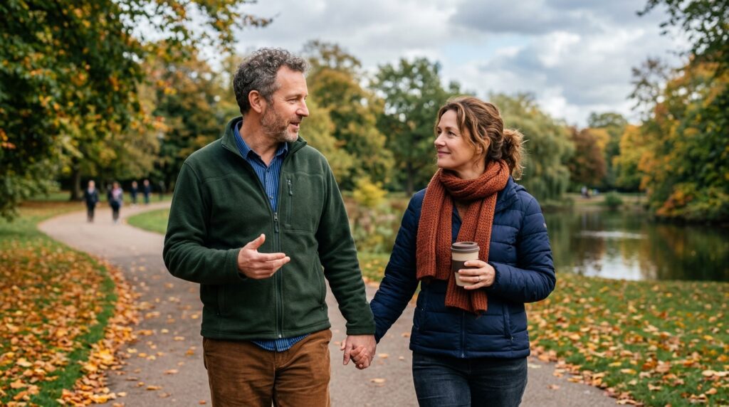 Pareja caminando al aire libre fomentando el diálogo y el entendimiento mutuo