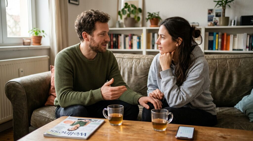 Pareja conversando de manera abierta y empática sobre la salud digestiva y el bienestar íntimo.