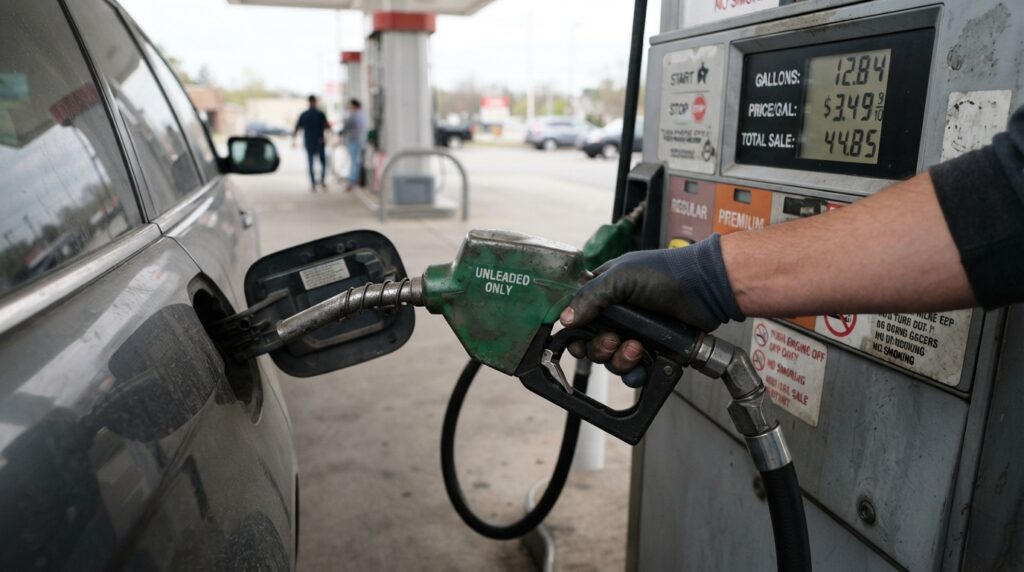 Primer plano del surtidor de gasolina llenando el tanque de un auto