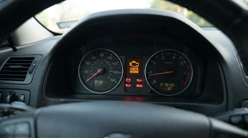 Tablero de auto con la luz de check engine encendida
