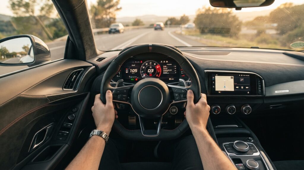 Vista del interior y volante de un auto deportivo desde la posición del conductor