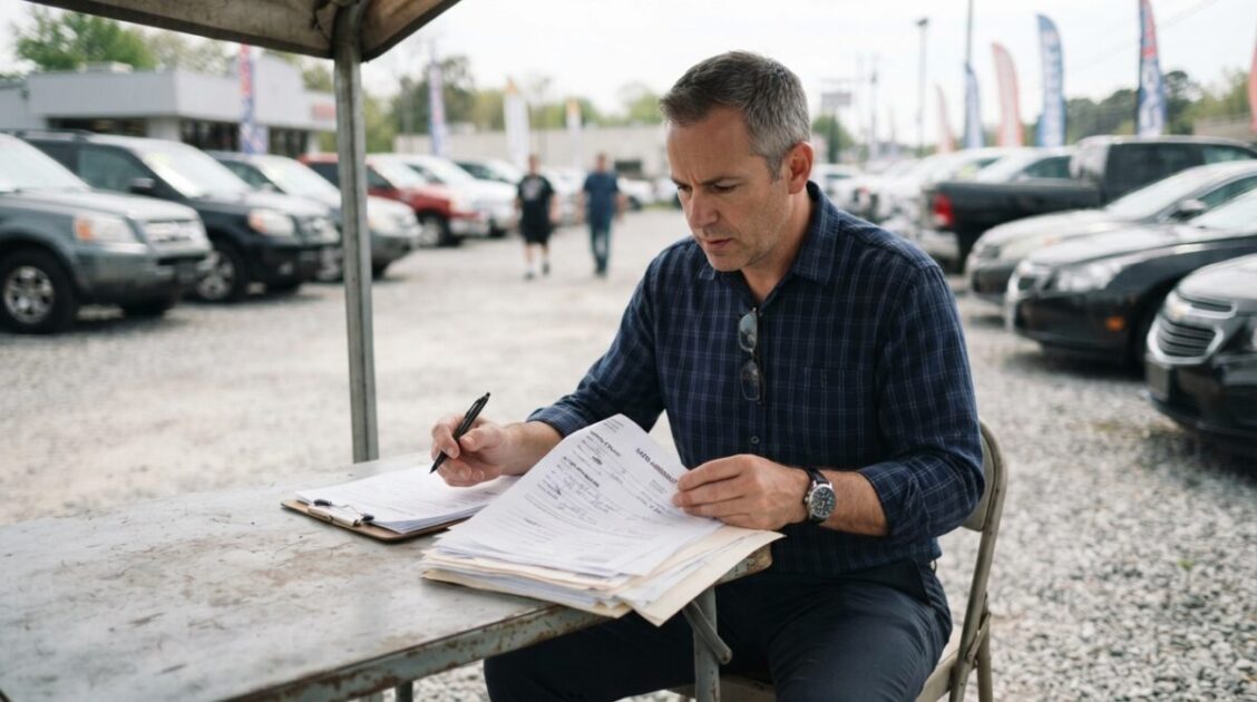 Hombre revisando documentos en un lote de autos usados