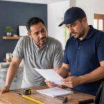 Un hombre latino adulto, aproximadamente 40–50 años, dentro de una vivienda residencial en Estados Unidos, revisando un presupuesto de reparación junto a un profesional de mantenimiento.