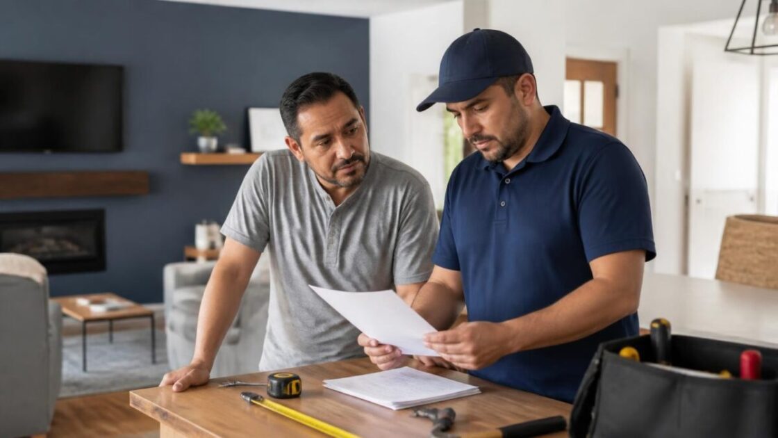 Un hombre latino adulto, aproximadamente 40–50 años, dentro de una vivienda residencial en Estados Unidos, revisando un presupuesto de reparación junto a un profesional de mantenimiento.