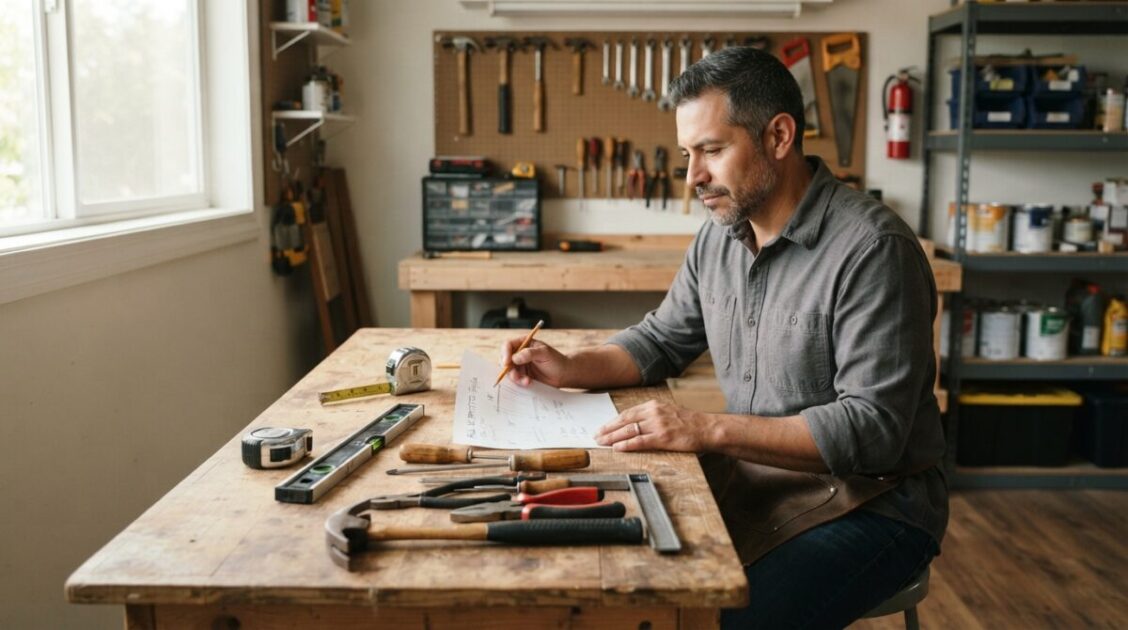 Un hombre latino adulto, aproximadamente 40–50 años, trabajando tranquilamente en un garaje residencial