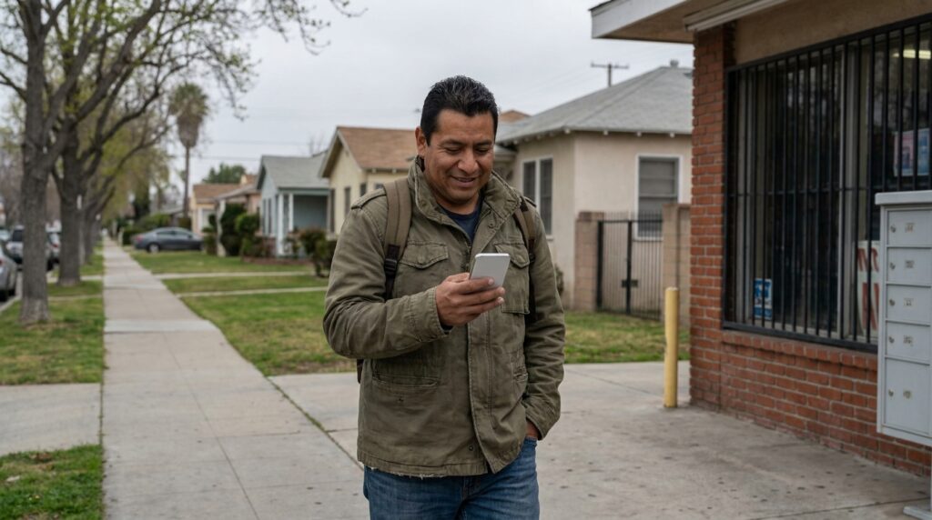 Hombre latino aprendiendo a desenvolverse en la vida cotidiana de Estados Unidos