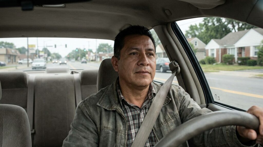 Hombre conduciendo su automóvil durante su vida cotidiana en Estados Unidos