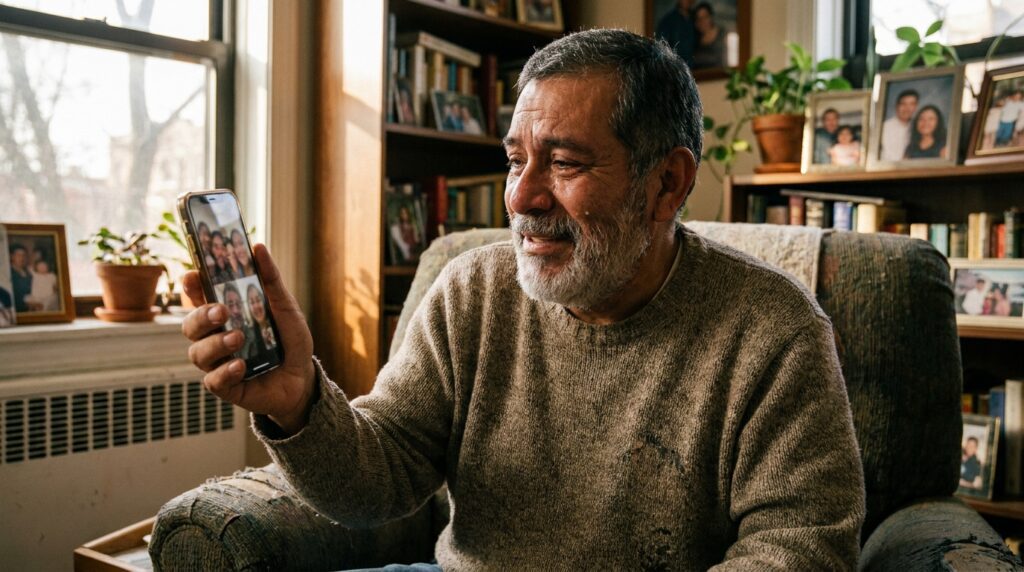 Hombre latino hablando por videollamada con su familia mientras vive en Estados Unidos