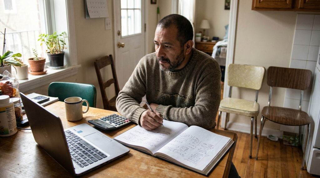 Hombre latino revisando sus gastos durante sus primeros meses en Estados Unidos