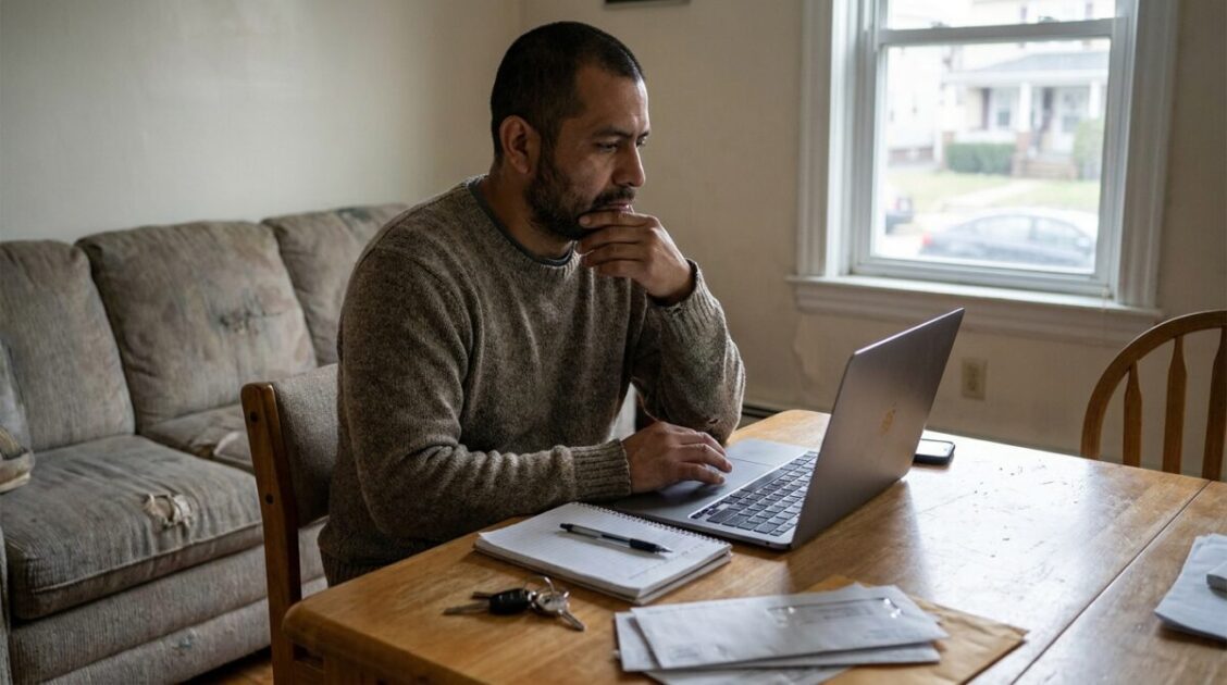 Hombre latino organizando su nueva vida durante sus primeros meses en Estados Unidos