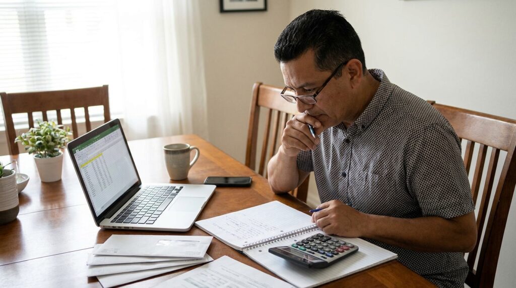 Hombre latino organizando su presupuesto y gastos mientras comienza una nueva vida en Estados Unidos