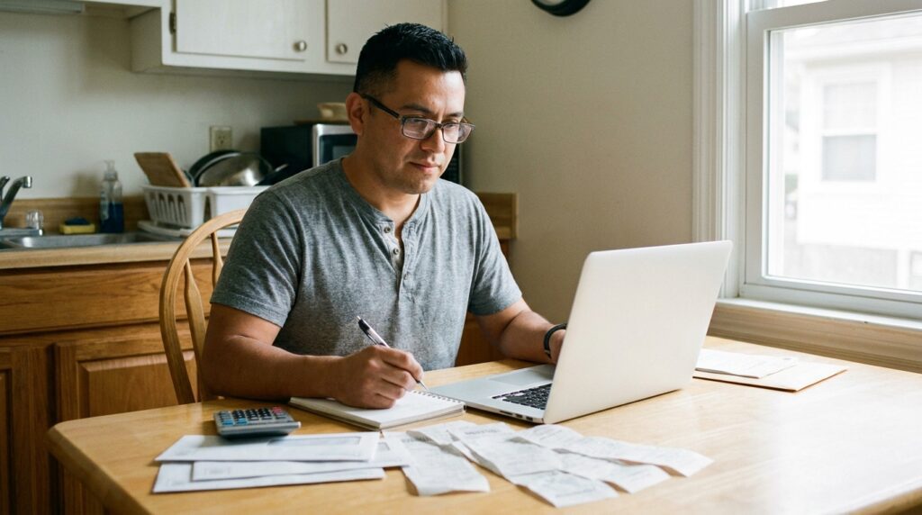 Hombre organizando sus finanzas después de mudarse a Estados Unidos