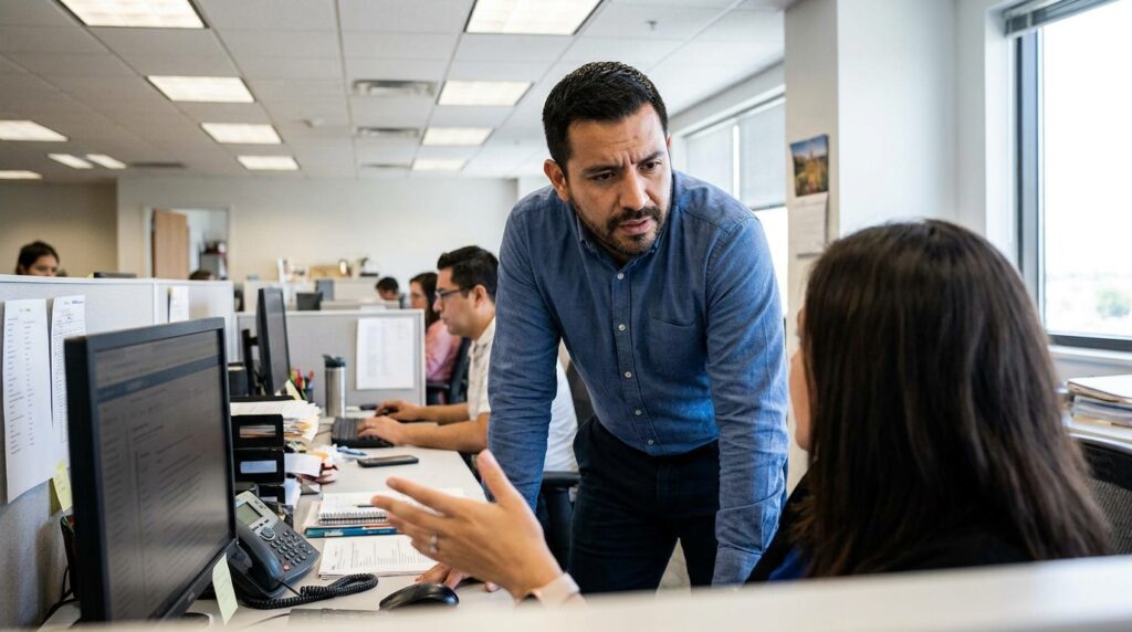 Hombre latino comenzando su primer trabajo en Estados Unidos